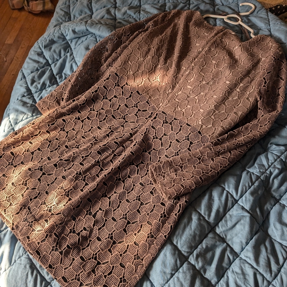 Diane von Furstenburg Sarita pebbled lace dress taupe / black leather women 12 - Picture 11 of 14